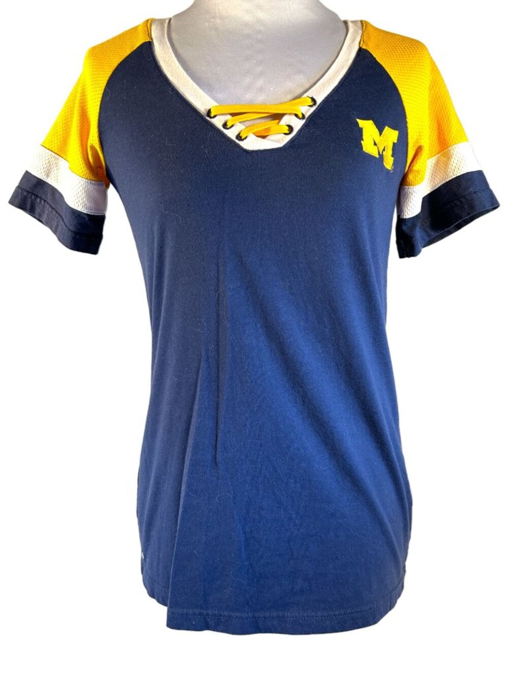 Womens Antigua Michigan V-Neck Lace Up Tee S Blue & Yellow